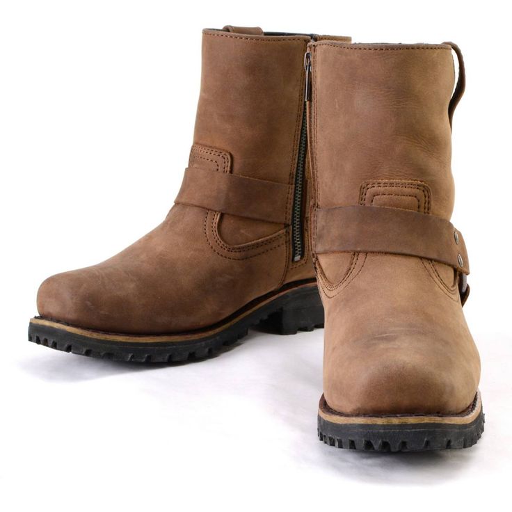 Features Cowhide Vintage Leather | These biker boots are meticulously crafted from full-grain premium 2.2mm thick cowhide leather in a crazy horse brown skin, offering waterproof and impermeable leather for reliable defense against wet conditions. This leather is designed to scuff and scratch easily to show a vintage worn look with minimal effort. The uppers of these leather motorcycle boots are strongly constructed to ensure exceptional quality and long-lasting durability. Classic Design with Inside Zipper | These motorcycle boots for women feature a classic harness short design with an inside zipper closure that allows you to easily put them on and take them off. The women's riding boots have double layer leather on the upper for gear shifting protections, as well as a Milwaukee Leather Biker Shirts Women, Brown Leather Short, Spiked Leather Jacket, Women's Riding Boots, Motorcycle Leather Vest, Horse Brown, Mens Riding Boots, Thigh Bag, Women Leather Vest