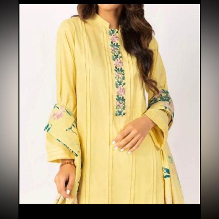 Gul Ahmed, Brand New, Never Worn Cotton 2 Piece , Comes With. Screen Printed Lawn. Dupatta. Kameez Has Beautiful Embroidery Work On Neck Line. Kameez Has Small Tiny Tiny Faded Black Dots Which Seems Like It’s From The Printed Dupatta. Send Your Offers! Size, Chest 21.5, Length 38 1/2 Spring Yellow Palazzo Set With Resham Embroidery, Yellow Anarkali Palazzo Set For Spring, Designer Yellow Kurta For Spring, Eid Dabka Palazzo Set With Tunic, Spring Yellow Chanderi Anarkali Set, Spring Yellow Anarkali Set With Chikankari Embroidery, Yellow Chanderi Kurta For Spring, Yellow Palazzo Set With Printed Motifs For Spring, Yellow Anarkali Set With Dabka