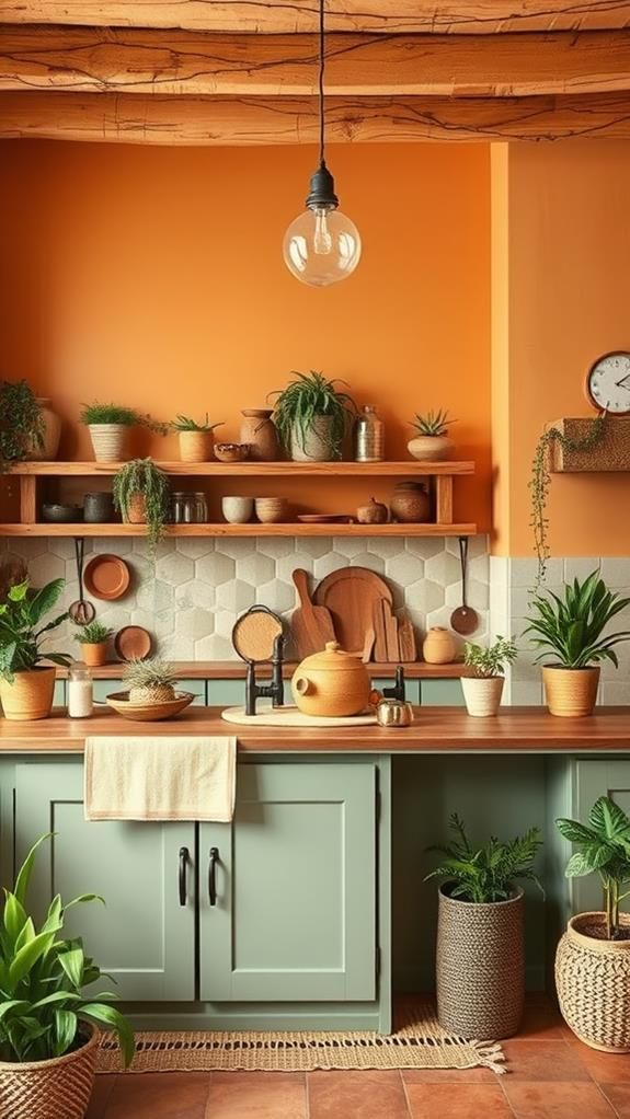 an orange kitchen with potted plants on the counter and hanging light fixture above it