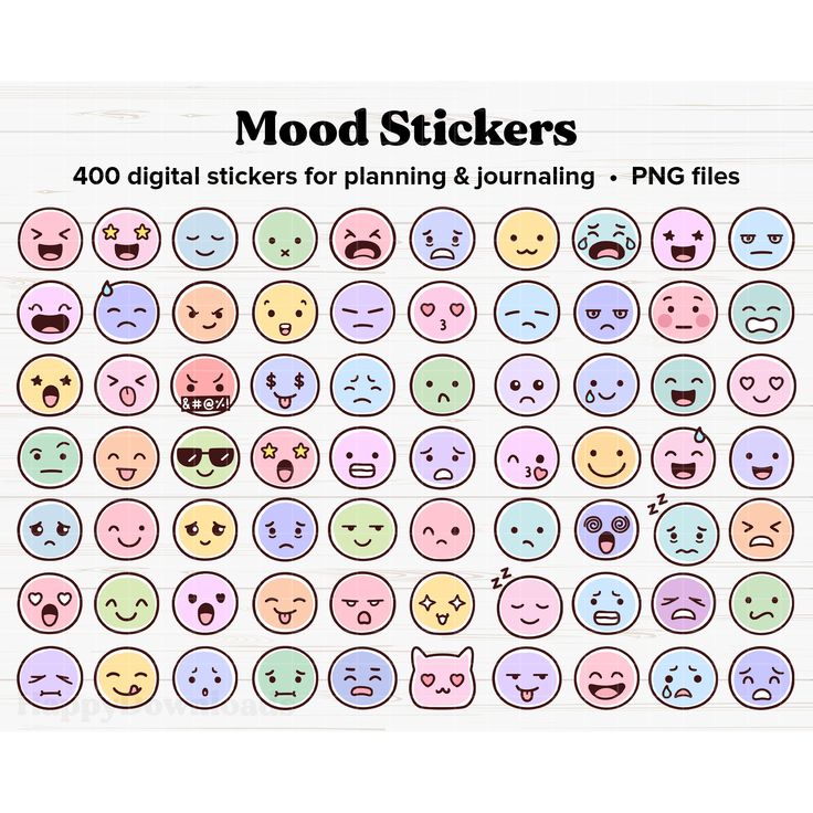 the cover of mood stickers is shown with many different emoticions on it