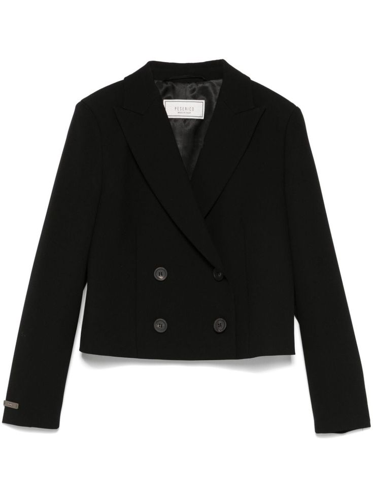 black stretch-design cropped double-breasted button fastening peak lapels shoulder pads long sleeves dart detailing Italian rear vents full lining straight hem Elegant Cropped Jacket With Double-breasted Button, Classic Black Cropped Blazer, Fitted Cropped Jacket With Double-breasted Button, Chic Business Cropped Jacket With Button Closure, Elegant Cropped Button Jacket, Fitted Cropped Jacket With Buttons For Business, Chic Cropped Jacket With Button Closure For Business, Classic Cropped Jacket With Double Button Closure, Formal Cropped Outerwear With Double-breasted Button