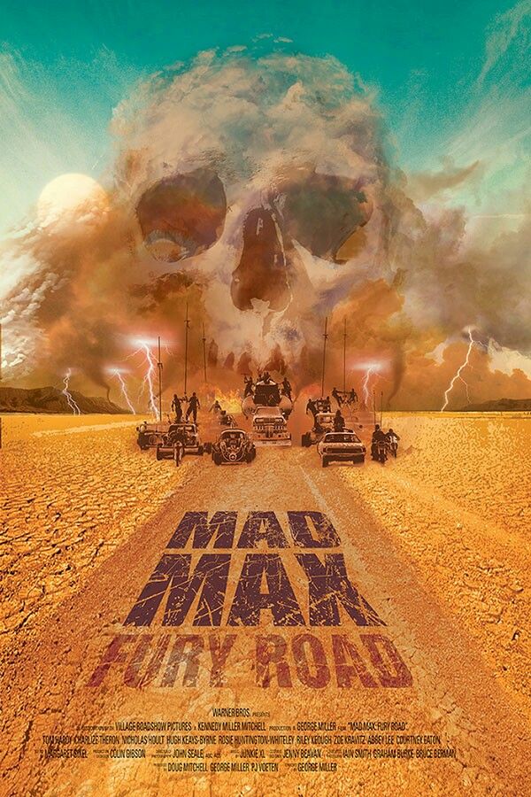 the poster for mad max fury road is shown in front of an image of a skull