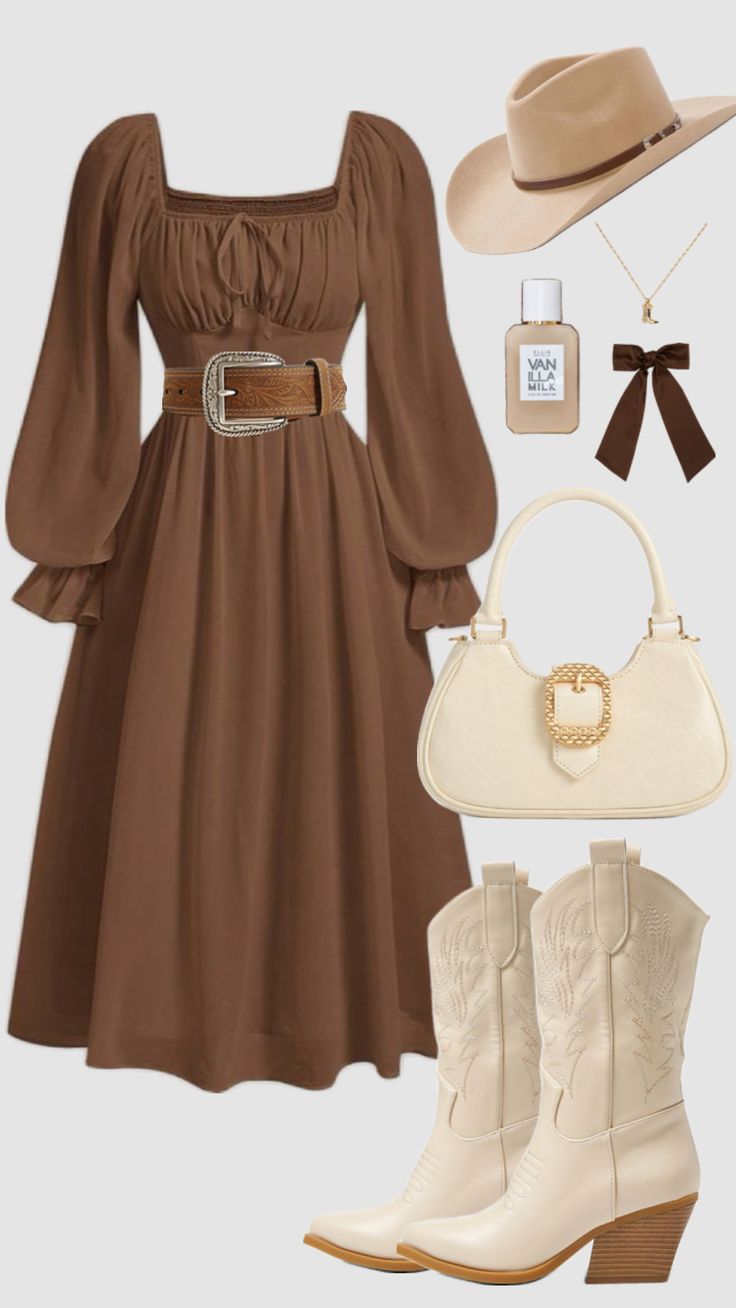 #vintage #modestfashion #vintageaesthetic #summer #outfit #outfitinspo #western #cute #brown #neutral #dress #brownaesthetic #cowboyboots #churchoutfit Women's Spring Outfits, Trajes Country, Neutral Dress, Modesty Outfits, Western Wear Outfits, Cute Modest Outfits, Looks Country, Cute Dress Outfits, غرفة ملابس