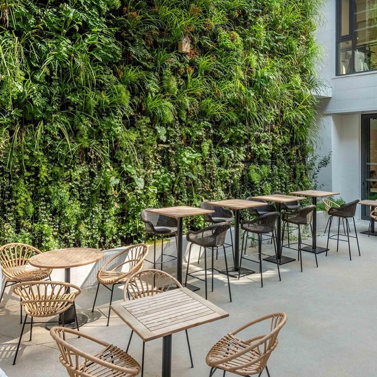 an outdoor dining area with tables, chairs and a green wall in the back ground