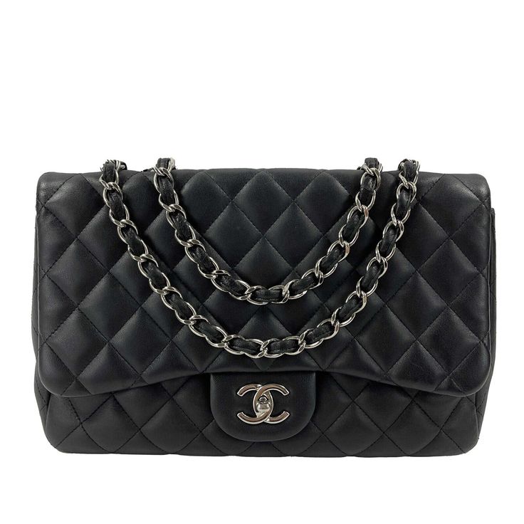 CHANEL - Jumbo Classic Flap CC Quilted Black Lambskin Shoulder Bag / Crossbody Description 2008-2009 Collection era. This classic flap bag features soft lambskin leather in black with the classic Chanel diamond quilt pattern. One main interior compartment with one slip pocket and one zip pocket. Slip pocket on back. CC turn lock closure. Leather threaded chain strap. Silver tone hardware. Measurements Width: 11.7 in / 29.718 cm Height: 7.6 in / 19.304 cm Depth: 3.75 in / 9.525 cm Strap Drop: 25. Diamond Quilt Pattern, Classic Chanel, Chanel Jumbo, Classic Flap Bag, Leather Thread, Diamond Quilt, Fendi Bags, Classic Flap, Flap Bag