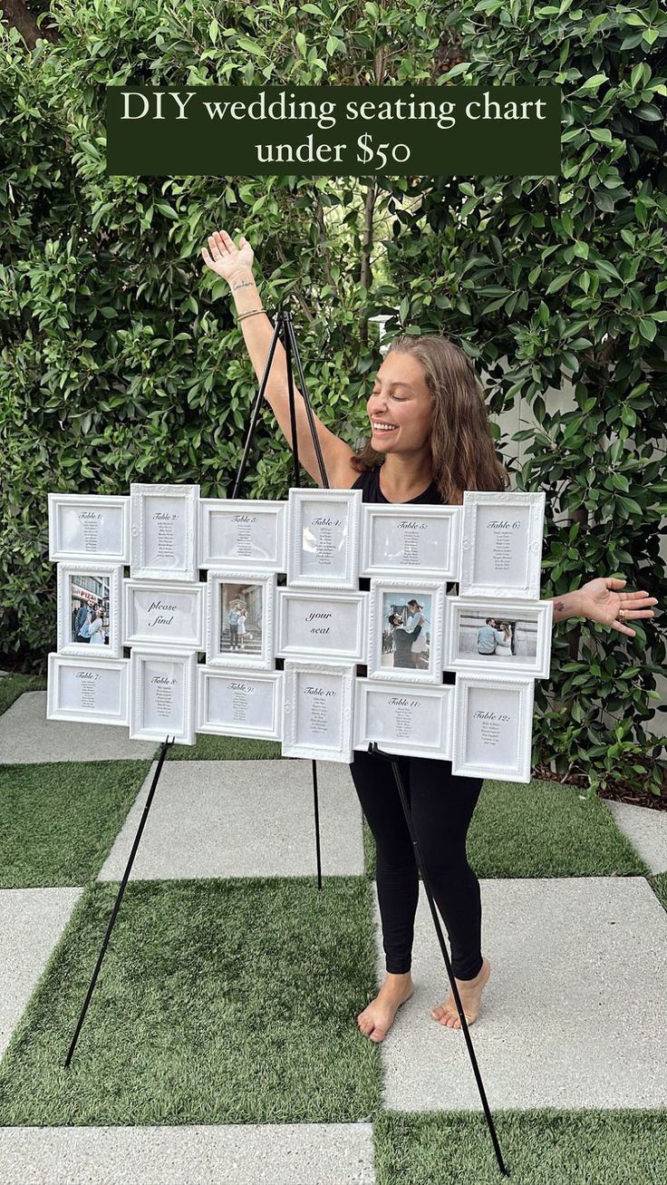 a woman standing in front of a white board with pictures on it and the words diy wedding seating chart under $ 350