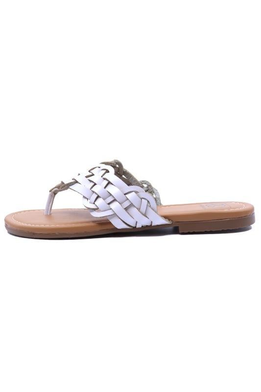 Braided thong sandal with a lightly padded insole by Everglades. Medium width. True to size. Summer T-strap Flip Flops With Textured Footbed, Casual T-strap Sandals With Woven Sole For Beach, Summer Toe Loop Synthetic Flip Flops, Synthetic Toe Loop Sandals For Summer, Summer Toe Loop Sandals With Synthetic Material, Synthetic Toe Loop T-strap Sandals For Summer, Adjustable T-strap Synthetic Sandals With Cushioned Footbed, Casual Synthetic T-strap Sandals With Single Toe Strap, Summer Toe Loop Flip Flops With Cushioned Footbed