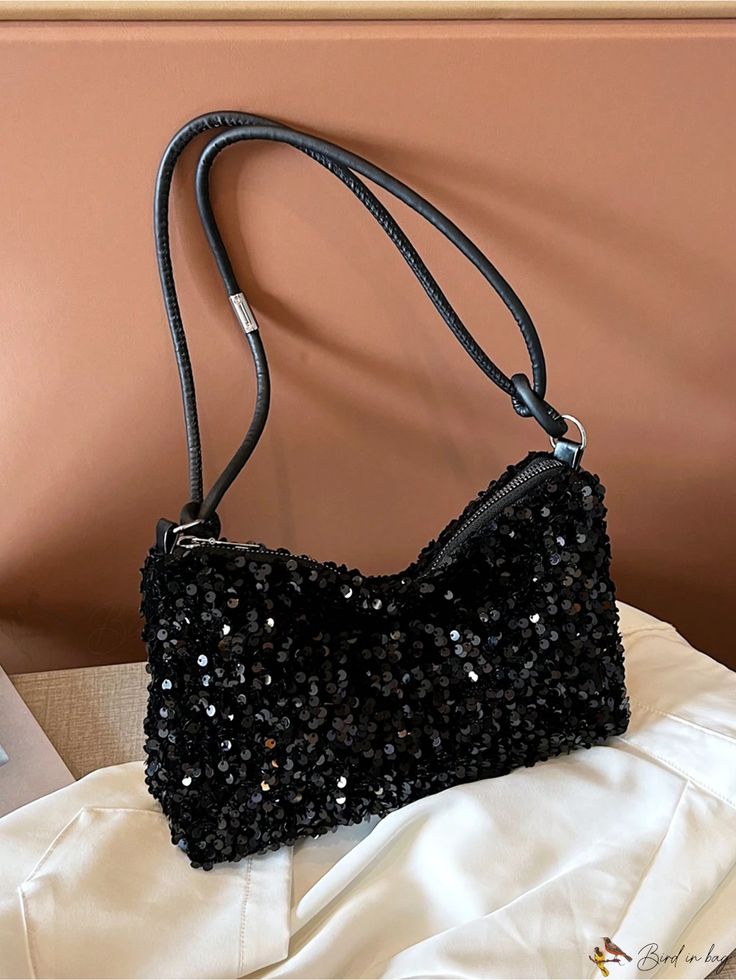 Bird in Bag - Elegant Shiny Black Sequined Shoulder Crossbody Bag - Perfect for Sophisticated Dinner Parties Bag Elegant, Crossbody Messenger Bag, Chain Bag, Small Crossbody, Bird In Bag, Dinner Parties, Diamond Design, Mini Fashion, Square Bag