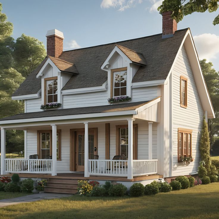 a white two story house with porches and windows on the second floor is shown