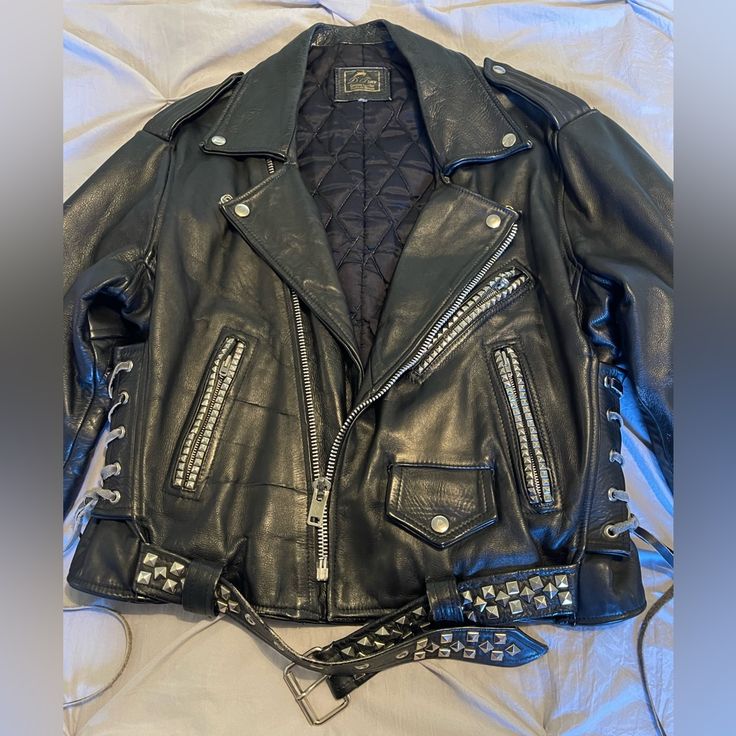 Beautiful Excellent Vintage Condition Jacket All The Zippers All Work No Missing Studs Waist Measurements 21 Inches, Length 27 Inches From Back Of Neck To The Bottom Of Jacket Measurements Took Laying Flat Punk Winter Outerwear With Studs, Winter Punk Studded Outerwear, Edgy Studded Winter Outerwear, Winter Studs Outerwear For Biker Events, Punk Style Studded Outerwear For Fall, Biker Style Studded Outerwear For Fall, Edgy Studded Outerwear, Studded Long Sleeve Biker Outerwear, Alternative Long Sleeve Outerwear With Rivets