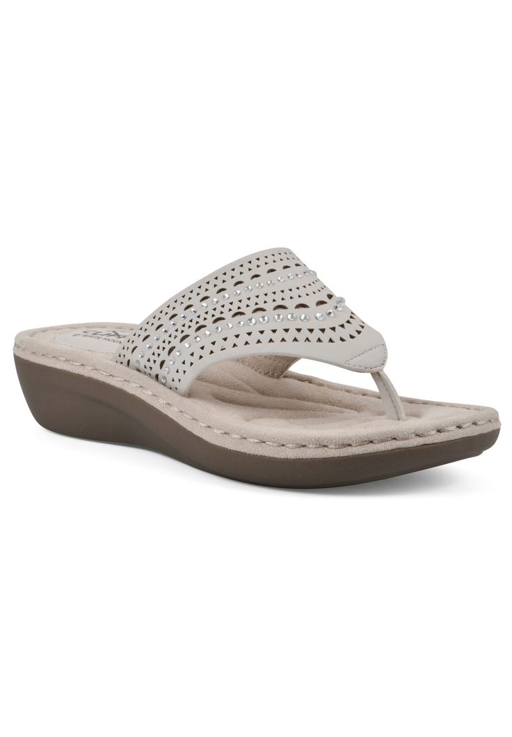 The Comate sandal from Cliffs by White Mountain Shoes features dainty rhinestone embellishments and a perforated design for functional breathability. These sandals add a touch of glamour to your warm-weather wardrobe with their chic thong design and sleek wedge heel. Complete with a padded insole to keep you comfortable, whether you're strolling on the beach or stepping out for a casual evening, the Comate sandal will keep you looking stylish and feeling fabulous.Textile UpperSynthetic LiningSyn Synthetic Sandals With Perforations For Summer, Open Toe Synthetic Sandals With Perforations, Synthetic Open-toe Sandals With Perforated Toe Box, Open Toe Sandals With Perforated Toe Box, Trendy Tunic, Dressy Sandals, Mountain Shoes, White Mountain Shoes, Casual Evening