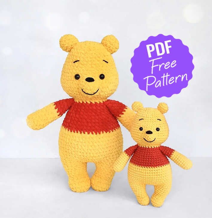 a crocheted winnie the pooh and piglet doll are posed next to each other