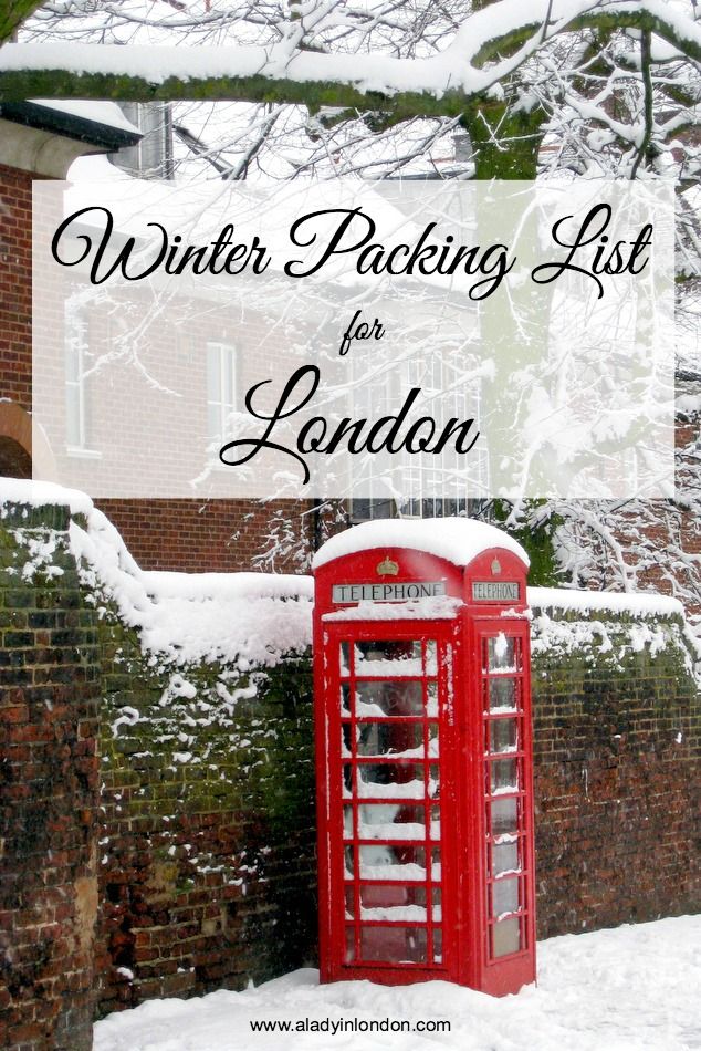 a red phone booth in the snow with text overlay that reads winter packing list for london