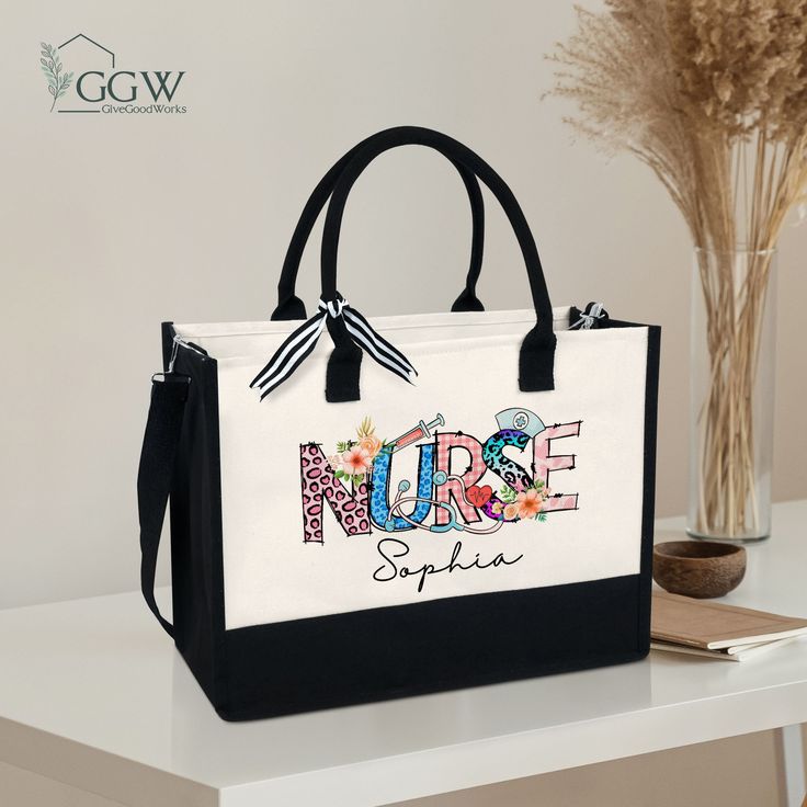 Personalized Nurse Tote Bag, Nursing School Grad, Gift For Nurse, Nurse Week, Nursing School Tee, Registered Nurse Bag,  ❤ PREMIUM MATERIAL - Made of high-quality canvas, durable, sturdy, and water-washable by hand. The double stitches make the tote bag strong enough to hold many items without a scratch. This reusable canvas bag can be used for a long time and help to reduce the impact on the environment. ❤ SIZING: 17"L x 14"H x 6.5"W ❤ LARGE CAPACITY & PORTABLE - Large enough to hold all your a Personalized Multicolor Bags For Everyday Use, Customizable Multicolor Bags For Personalized Gifts, Personalized Multicolor Travel Bag, Mother's Day Rectangular Canvas Bag, Personalized Multicolor Bags As Gifts, Multicolor Personalized Bags For Gift, Personalized Rectangular Bag With Letter Print, Personalized Multicolor Bags, Personalized Gift Black Rectangular Bag