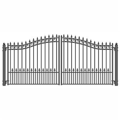 an iron gate with spikes on the top and bottom, in front of a white background