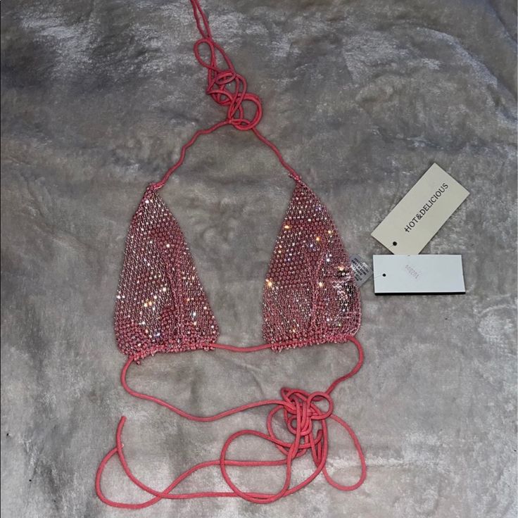 Beautiful Sparkly Pink Top Bra Top Bikini Shaped Top Size Small Nwt Pink Triangle Halter Top For Party, Triangle Halter Top For Night Out At Beach Season, Beach Season Triangle Halter Top For Night Out, Triangle Halter Top For Night Out During Beach Season, Summer Party Triangle Crop Top, Trendy Party Swimwear, Pink Halter Top For Party Beachwear, Pink Halter Top For Beach Party, Pink Beachwear Halter Top For Party