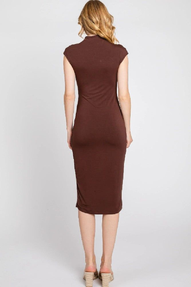 Mock neck cap sleeve fitted midi dress. 92% Rayon, 8% Spandex Our Model is 5'4" and is wearing a size S Fitted Brown Midi Dress, Brown Fitted Midi Dress, Brown Fitted Knee-length Midi Dress, Casual Stretch Bodycon Mid-length Dress, Modest Brown Midi Dress, Casual High-neck Midi Dress For Work, Casual High Neck Midi Dress For Work, Casual Brown Stretch Bodycon Dress, Stretch Sheath Midi Dress