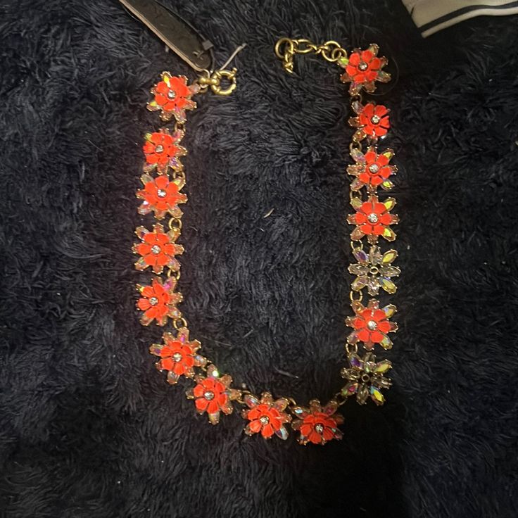 J Crew Necklace Brand New Missing One Flower Elegant Flower Necklaces For Evening, Elegant Flower Necklace For Evening, Elegant Orange Jewelry With Chain, Elegant Orange Chain Jewelry, Elegant Beaded Flower Necklace For Party, Elegant Orange Necklace For Party, Red Elegant Flower Necklace, Formal Red Flower Necklace, Flower Shaped Necklaces For Party