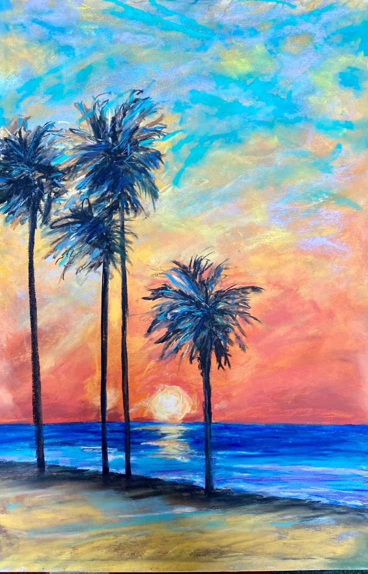 three palm trees on the beach at sunset