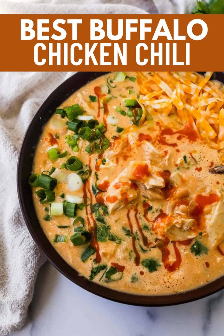 the best buffalo chicken chili in a black bowl