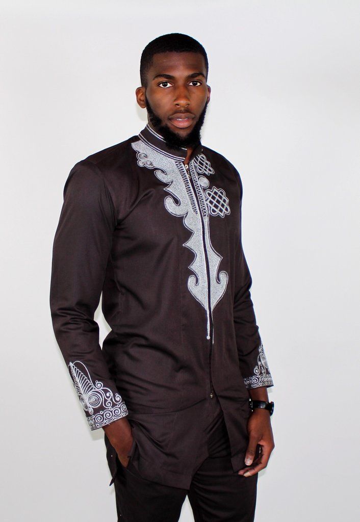 African Native Men's Wear Black Panther wakanda designs (shirt and trouser) Black Traditional Wear For Eid, Fitted Black Kurta With Stand Collar, Traditional Black Kurta For Ceremonial Occasions, Traditional Black Ceremonial Kurta, Black Traditional Wear With Long Sleeves And Patterns, Black Traditional Kurta With Stand Collar, Ceremonial Black Kurta With Traditional Patterns, Black Kurta With Traditional Patterns For Ceremonies, Black Sets With Traditional Patterns For Eid