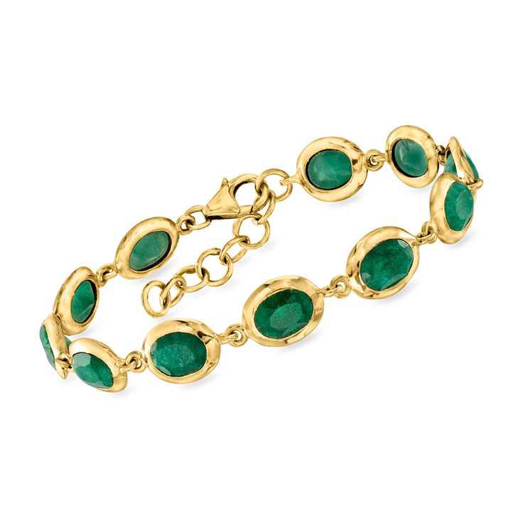 Ross-Simons - 14.00 ct. t. w. Emerald Bracelet in 18kt Gold Over Sterling. 7". This colorful bracelet makes an eye-catching statement for a price you'll adore! A lush lineup of 14.00 ct. t. w. oval emeralds are beautifully contrasted by sunny 18kt yellow gold over sterling silver settings. Includes a 1" extender. Lobster clasp, emerald bracelet. Emerald birthstones are the perfect gift for May birthdays. Emerald Jewelry Gold, Classic Faceted Round Bracelets, Oval Link Gemstone Bracelets For Anniversary, Green And Gold Jewelry, Jewelry Stack, Jewelry Presentation, Bracelet Emerald, Colorful Bracelet, Emerald Birthstone