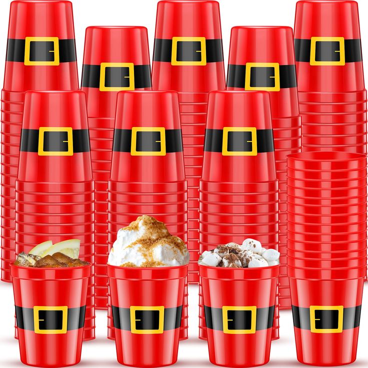 many red plastic cups with different types of food in them