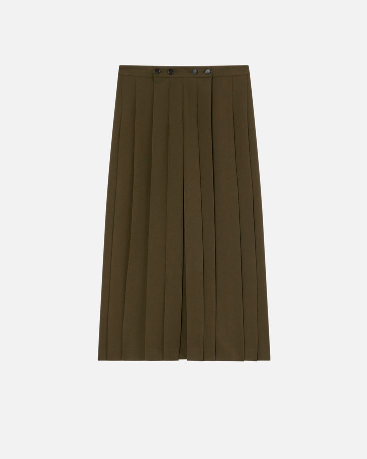 Ankle-length skirt in flowing stretch viscose-blend fabric with two slits and pleating at the front. The utility-workwear inspiration behind this skirt is accentuated by the waist buttons and two small rear welt pockets. Spring Workwear Draped Midi Skirt, Workwear Midi-length Draped Skirt, Midi-length Draped Skirt For Workwear, Relaxed Viscose Skirt For Fall, Chic Draped Skirt For Workwear With Relaxed Fit, Pleated Skirt For Workwear, Chic Relaxed Draped Skirt For Workwear, Pleated Midi-length Workwear Bottoms, Workwear Asymmetrical Maxi Skirt With Pleats