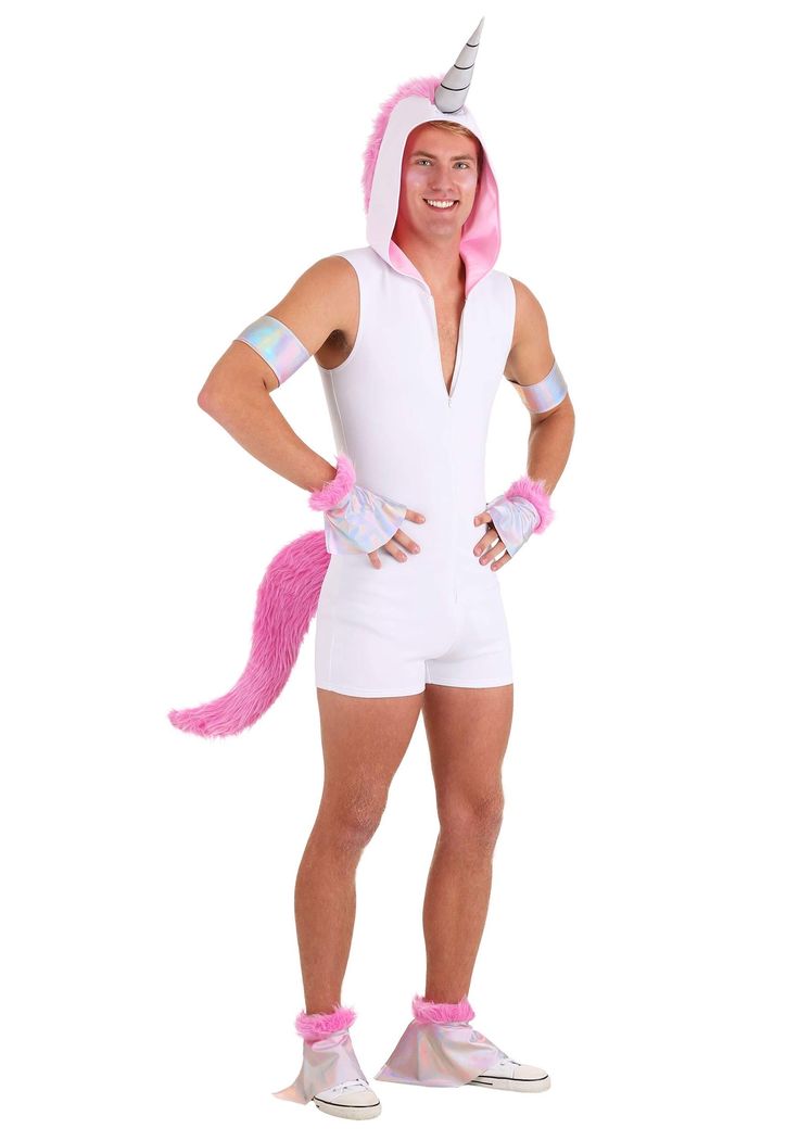 a man in a pink and white unicorn costume