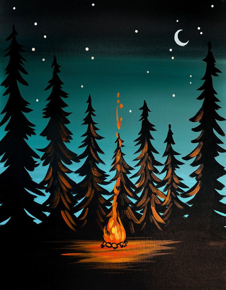 a painting of a campfire in the woods