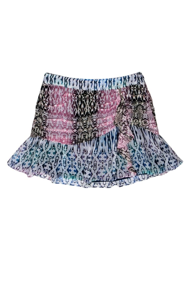 Current Boutique-Ramy Brook - Rainbow Snakeskin Printed Ruffle Miniskirt Sz 8 Fitted Mini Skirt With Ruffles, Fitted Ruffled Mini Skirt, Summer Mini Hem Skirt For Night Out, Blue Ruffled Stretch Skort, Chic Mini Skort For Summer, Blue Stretch Ruffle Skort, Short Ruffled Mini Skirt For Day Out, Summer Stretch Mini Skirt, Stretch Summer Mini Skirt