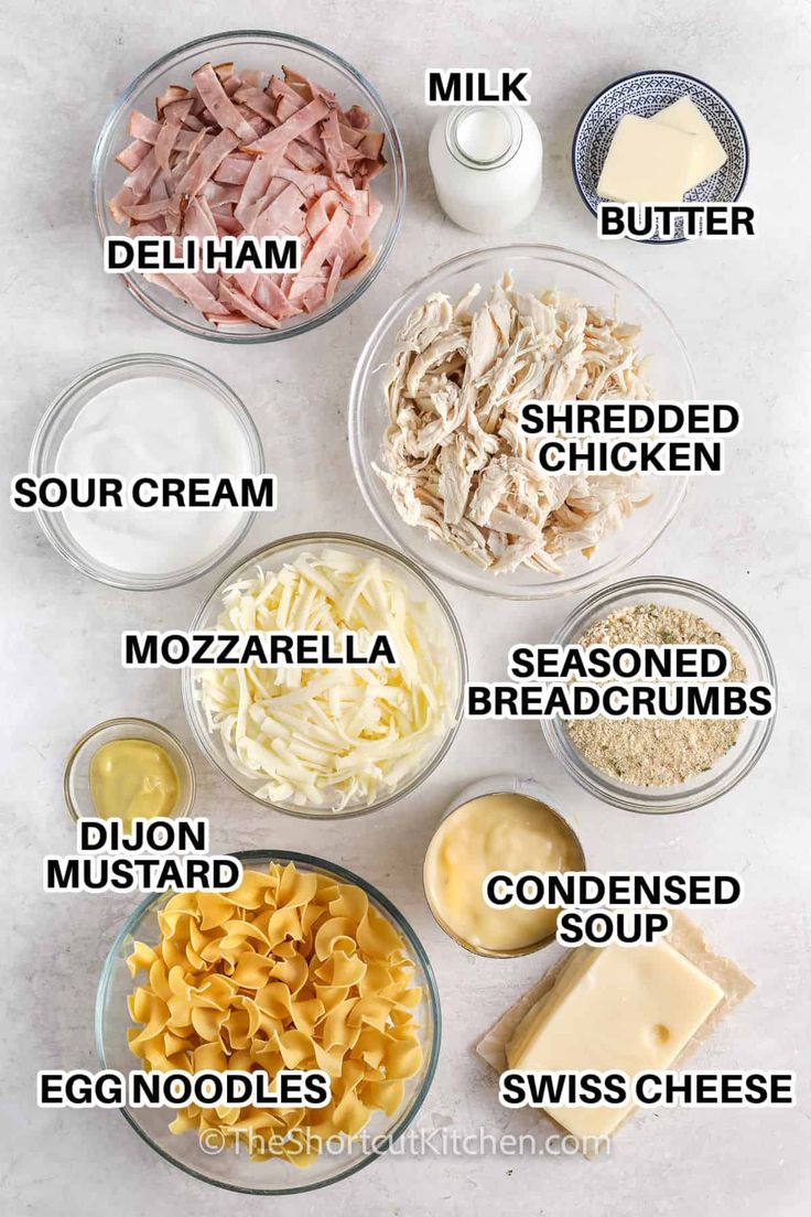 the ingredients to make this pasta dish are shown in bowls and labeled with their names