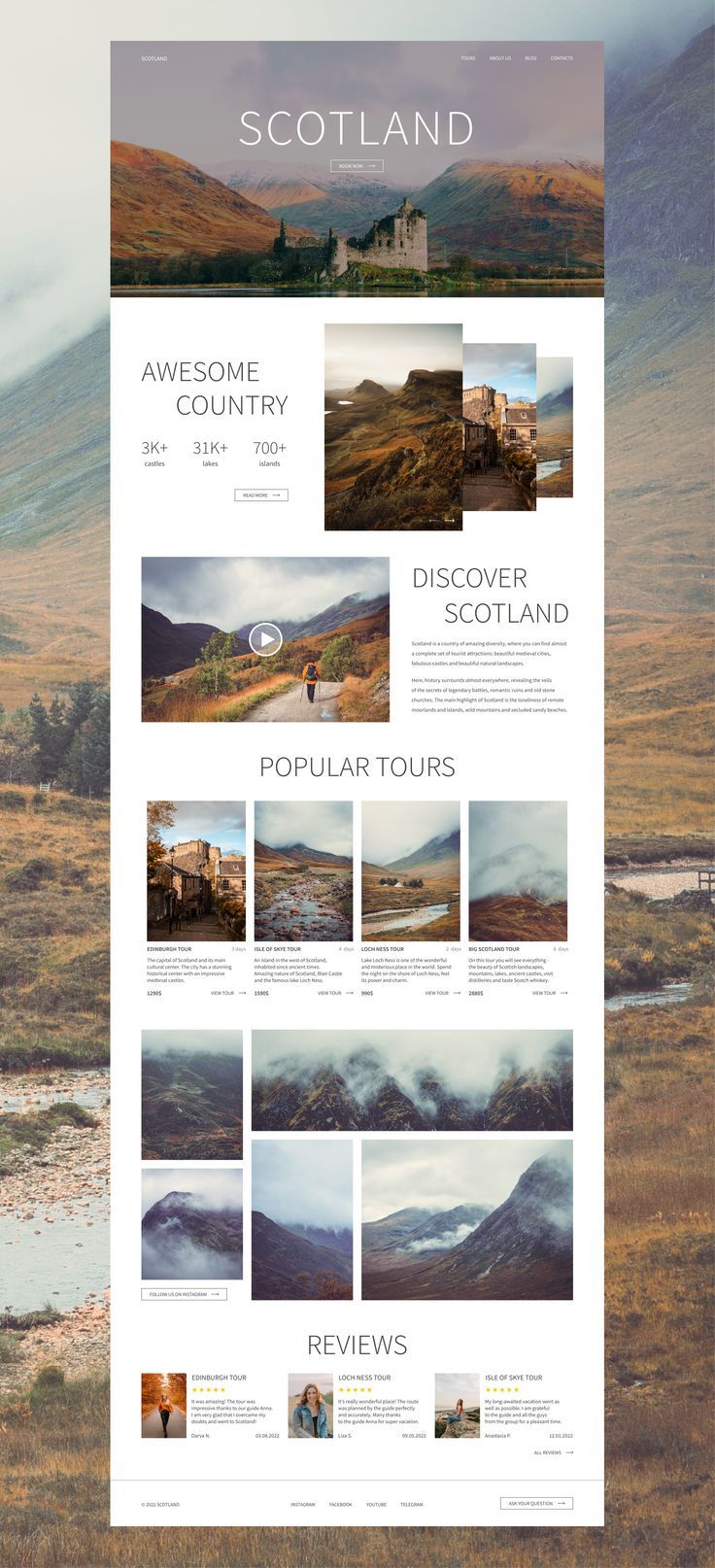 the website design for scotland is shown in white and black, with an image of mountains