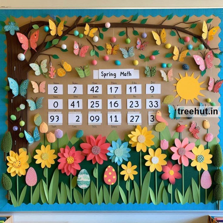 a bulletin board with flowers and butterflies on it