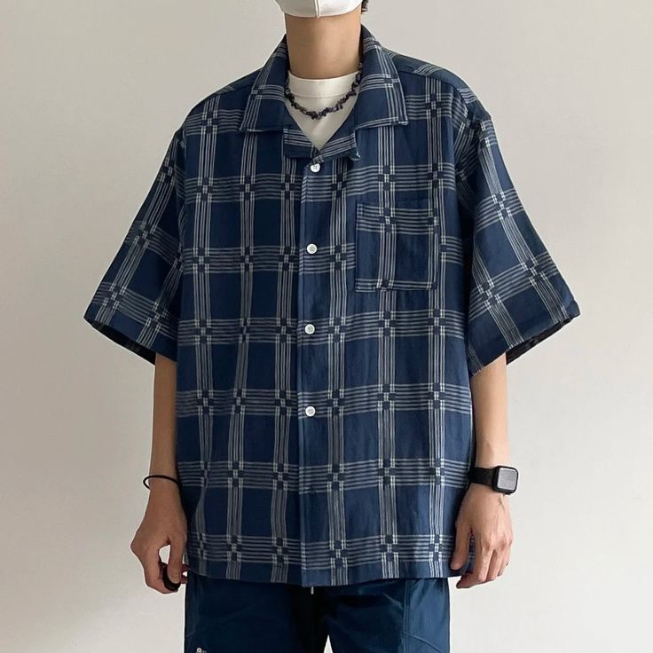 Wiaofellas - Cross Pattern Cuban Collar Japan fashion Shirts Summer Loose Cotton Half Sleeve Shirt Men 3200 Plaid Tops With Pockets And Casual Collar, Plaid Top With Pockets And Casual Collar, Navy Casual Shirt With Casual Collar, Navy Casual Shirt With Collar, Blue Short Sleeve Shirt With Casual Collar For Spring, Casual Camp Shirt With Pockets, Blue Casual Collar Shirt With Pockets, Blue Shirt With Pockets And Casual Collar, Relaxed Fit Plaid Shirt For Summer