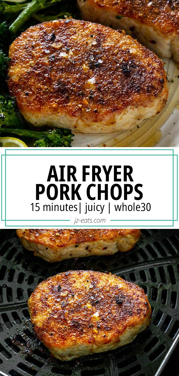 air fryer pork chops with broccoli on the side and title overlay