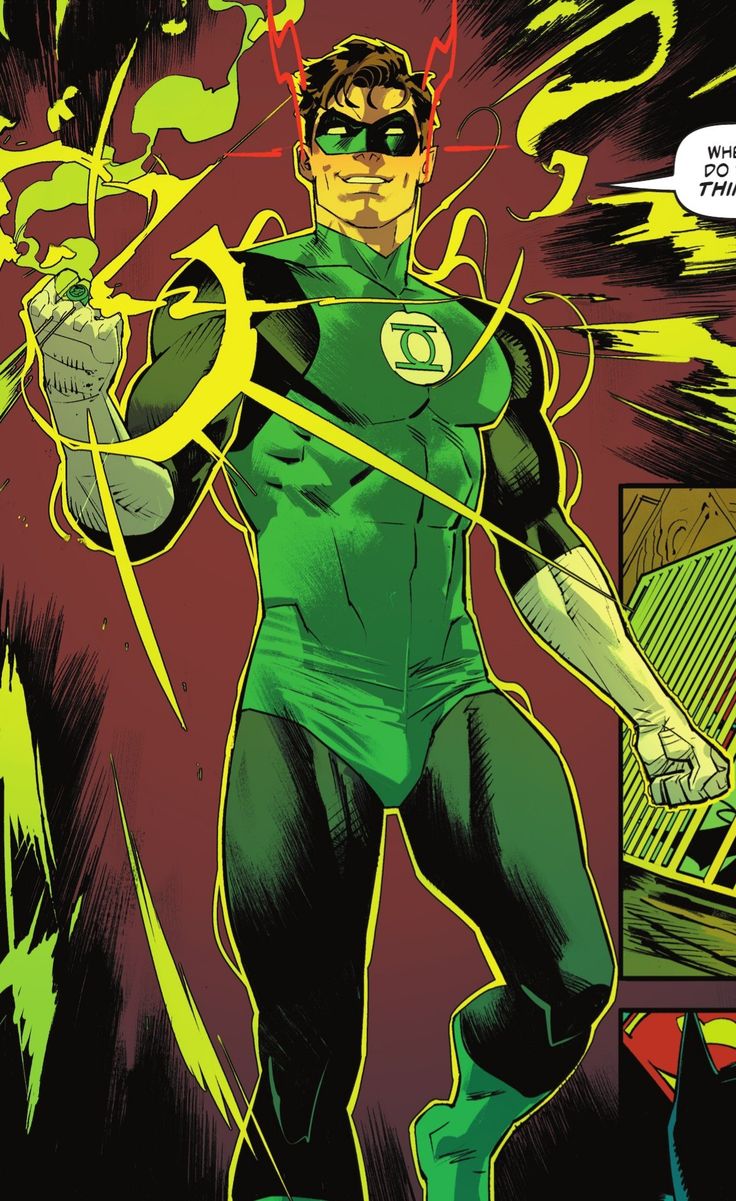 the green lantern is standing in front of a yellow and black background with an arrow