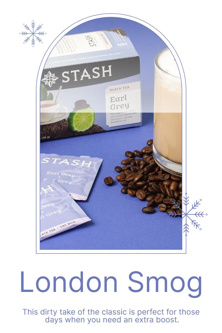 the london smog tea is next to some coffee beans and a box of stash