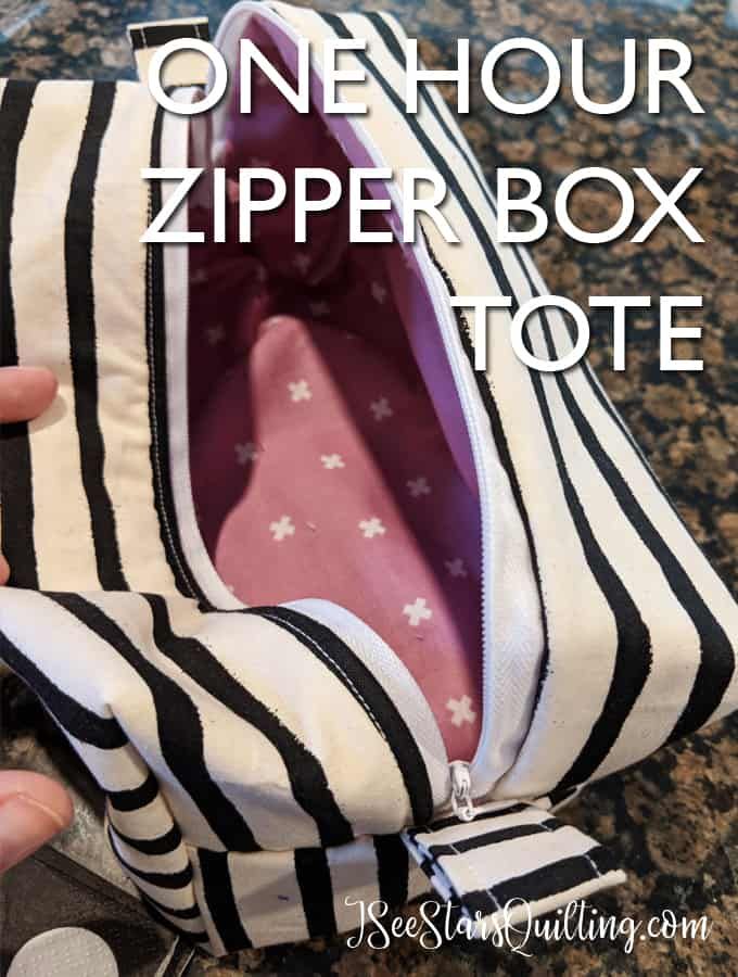 someone is opening their zipper box tote bag with the words, one hour zipper box tote