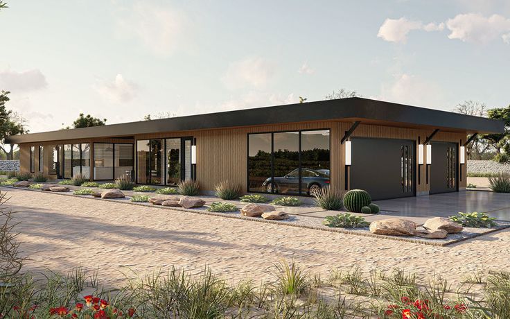 an artist's rendering of a modern house in the middle of a desert landscape