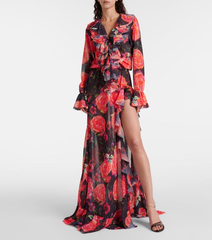 Bellen ruffled floral maxi dress in multicoloured - Bananhot | Mytheresa Floral Print Floor-length Maxi Dress For Party, Chiffon Maxi Dress With Ruffle Hem For Garden Party, Floor-length Floral Maxi Dress For Party, Spring Party Rose Print Maxi Dress, Chic Floral Print Maxi Dress For Party, Chic Rose Print Maxi Dress, Chic Maxi Dress With Rose Print, Beach Chiffon Maxi Dress With Ruffle Hem, Floral Ruffled Maxi Dress For Party