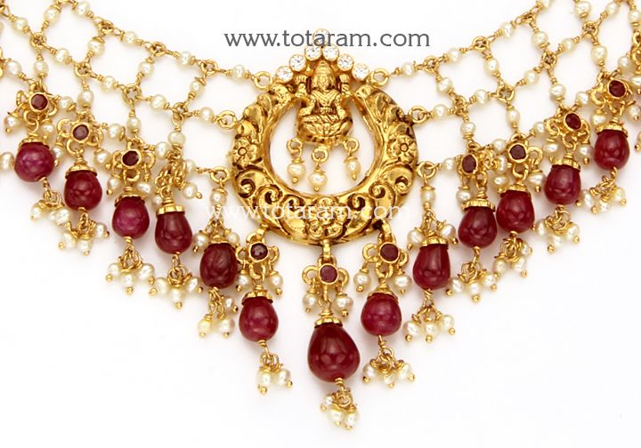 22 Karat Gold 'Lakshmi' Necklace With Cz , Pearls & Beads 
   - 235-GN3007 - in 45.300 Grams for USD $2807.65. 
Made in India by Totaram Jewelers Online this product is in Gold - 22 Karat BIS Hallmark 916 KDM Gold  & is an excellent gift for Adult - Women. Ships fully insured with secured guaranteed delivery for free with your order over $250 from New Jersey USA & comes with 30 days exchange policy. Diwali Temple Necklace With Polished Beads, Lakshmi Devi Necklace Designs Gold, 22k Coral Necklace, Ashtalakshmi Necklace, Lakshmi Choker Gold, Beading Netting, Gifts For Adults, 22k Gold, Pearl Beads