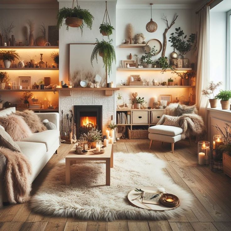 a living room filled with lots of furniture and plants on the wall above it's fireplace