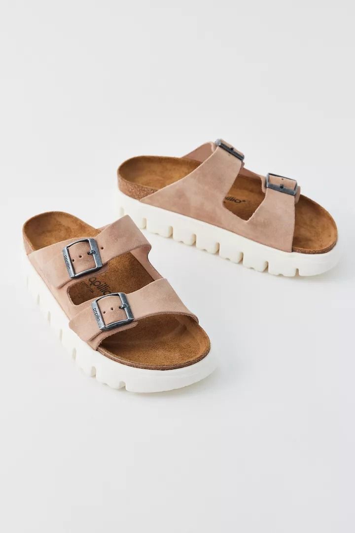 Birkenstock Arizona Chunky Suede Sandal | Urban Outfitters Summer Suede Platform Footbed Sandals, Casual Suede Platform Sandals, Casual Platform Slippers With Buckle Closure For Spring, Casual Spring Platform Slippers With Buckle Closure, Leather Footbed Sandals With Chunky Platform For Beach, Trendy Leather Footbed Sandals With Cork-bed Midsoles, Beach Suede Platform Footbed Sandals, Spring Footbed Sandals With Round Toe And Lug Sole, Suede Platform Footbed Sandals For Spring