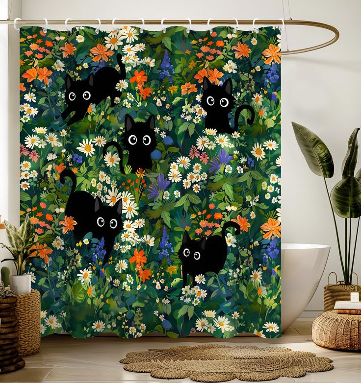 a shower curtain with black cats surrounded by flowers and plants in the middle of it