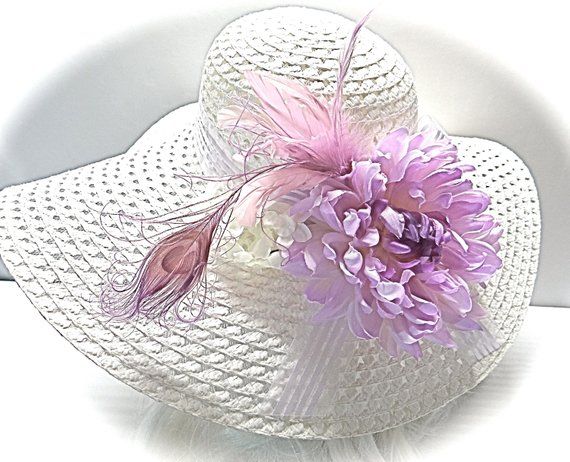 White and Lavender Sun Hat Kentucky Derby Hats Women's Hats DH-138 Purple Short Brim Top Hat For Summer, Purple Wide Brim Top Hat For Summer, Purple Wide Brim Mini Hat For Summer, Elegant Top Hat For Kentucky Derby, Lavender Wide Brim Hat For Kentucky Derby, Purple Adjustable Hat For Kentucky Derby, Adjustable Purple Hat For Kentucky Derby, Purple Brimmed Summer Fascinator, Elegant Hats For Kentucky Derby And Country Events