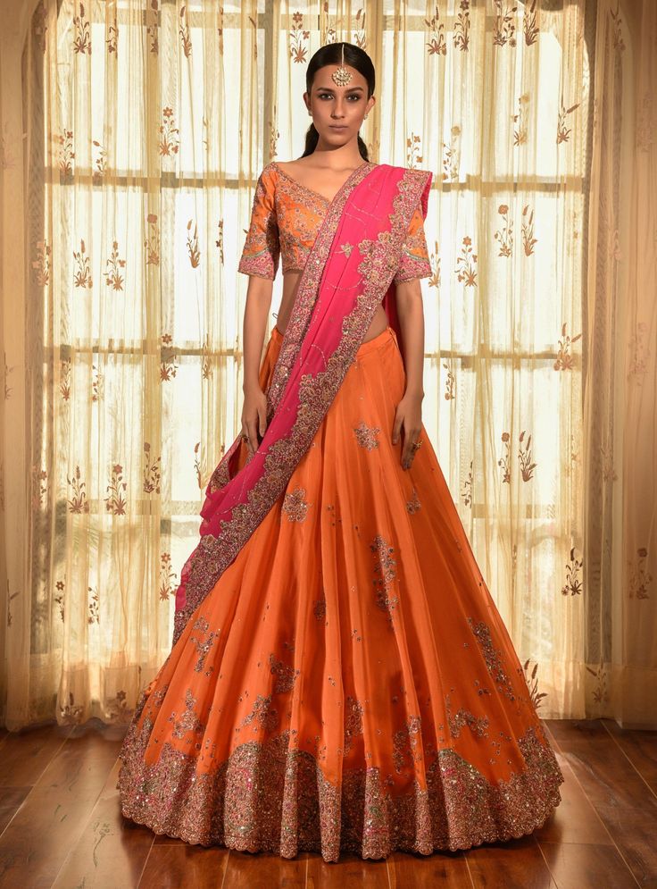 Dolly J | Gold Dust Kalidar Lehenga Set | INDIASPOPUP.COM Dolly J, Orange Lehenga, Rose Fushia, Lehenga Designs Simple, Indian Bride Outfits, Border Fabric, Organza Blouse, Half Saree Designs, Traditional Indian Outfits