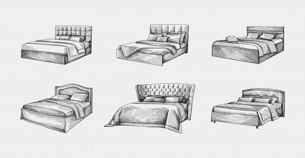 six hand drawn beds with pillows and blankets