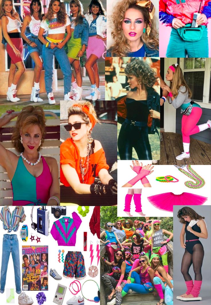 the collage shows many different outfits and accessories for women in 80s's fashion