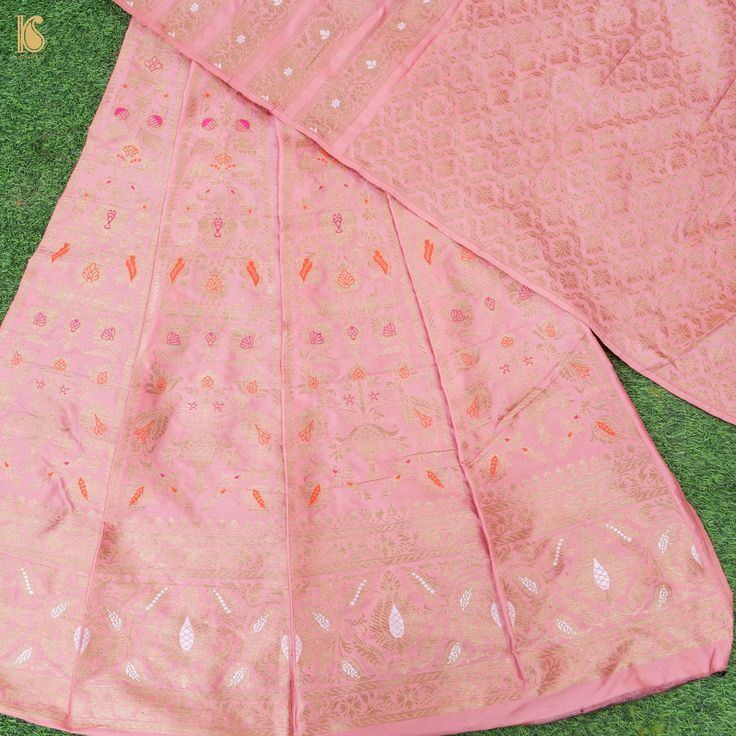 Beauty Bush Pink Pure Katan Silk Handloom Banarasi Kalidar Lehenga - Khinkhwab Semi-stitched Jamawar Sets With Motifs, Traditional Floor-length Unstitched Suit With Dupatta, Traditional Pattern Floor-length Sets For Wedding, Traditional Pattern Floor-length Wedding Sets, Semi-stitched Raw Silk Choli With Zari Weaving, Traditional Floor-length Sets For Ceremonies, Elegant Pink Anarkali Set For Traditional Ceremonies, Semi-stitched Brocade Sets With Zari Work, Semi-stitched Banarasi Silk Lehenga For Festivals